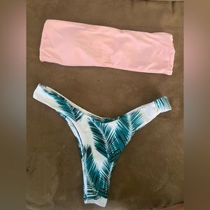 Pink Bandeau top with palm tree print bottom